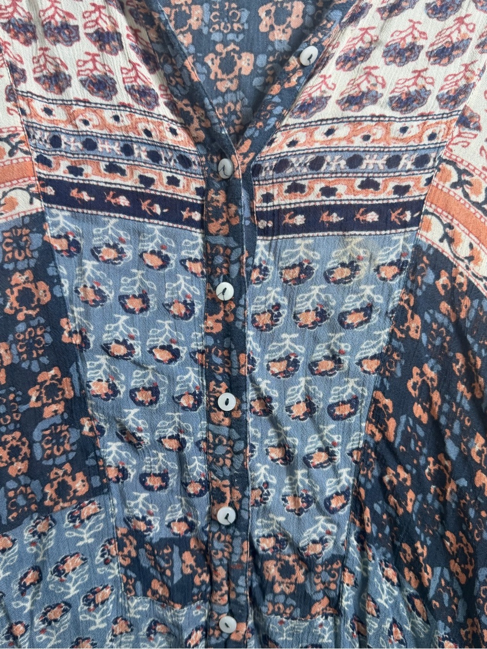 Free People Patterned Button-Front Colorblock Patchwork Boho Top Size S - Picture 7 of 14